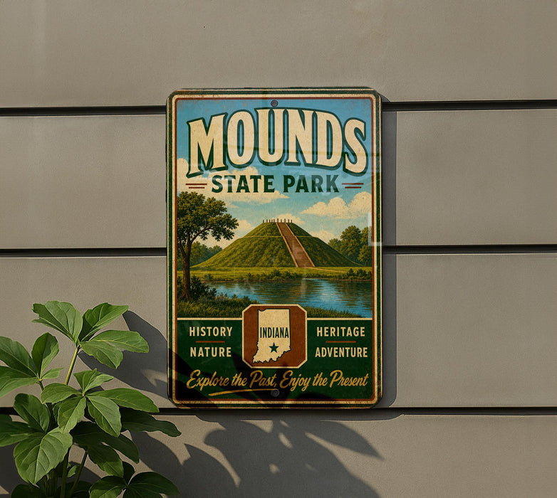 A vintage metal sign for Mounds State Park, featuring a landscape with a hill, trees, and a lake, mounted on a gray wall.