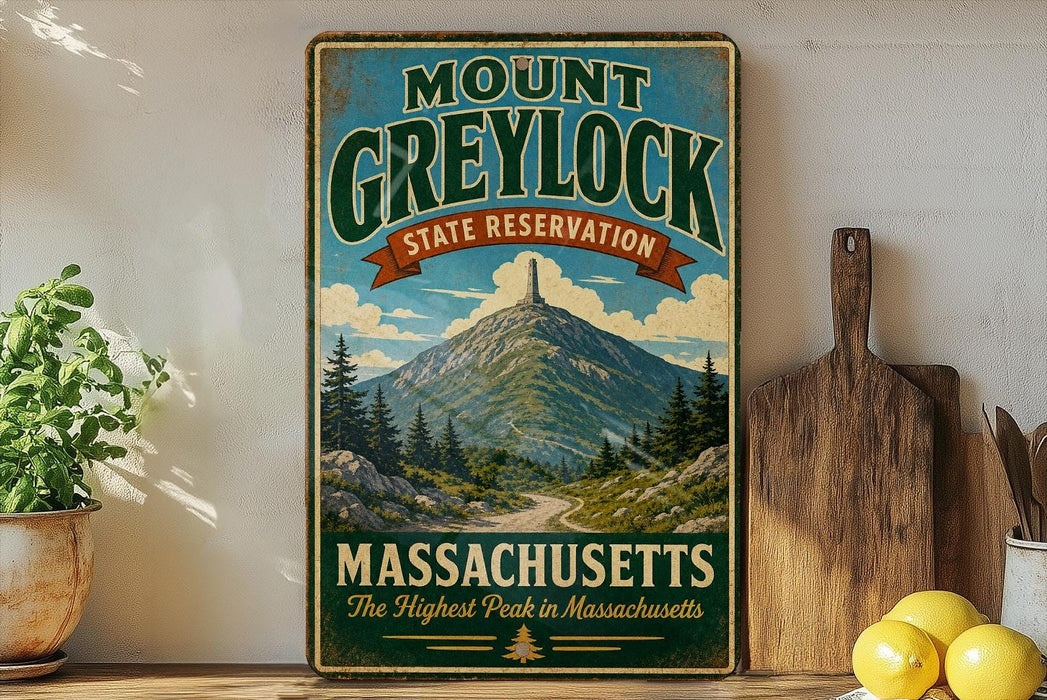 A vintage-style metal sign for Mount Greylock State Reserve in Massachusetts, featuring a mountain landscape and the text "The Highest Peak in Massachusetts".
