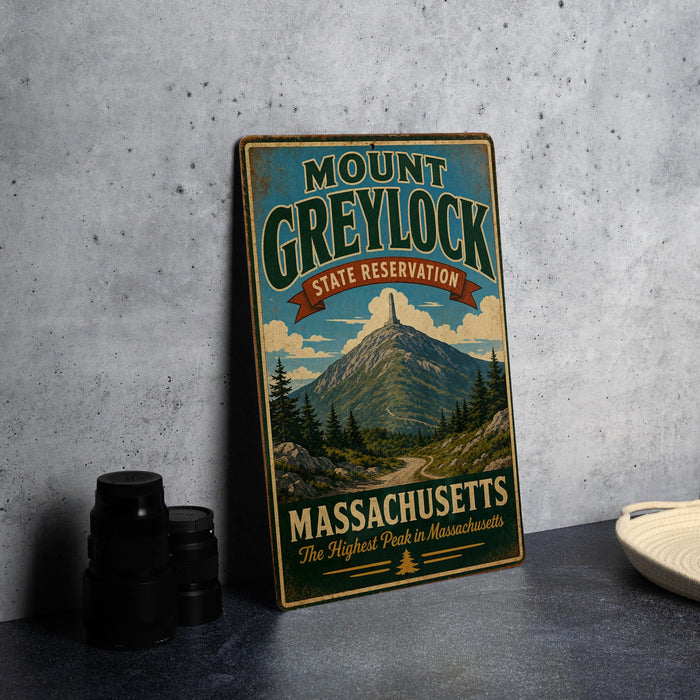 A vintage metal sign for Mount Greylock State Reserve in Massachusetts, featuring a mountain landscape and the text "The Highest Peak in Massachusetts".