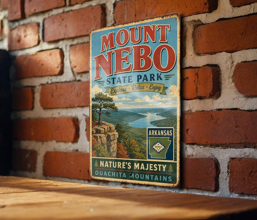 A vintage metal sign for Mount Nebo State Park in Arkansas, featuring a scenic landscape with a river and mountains.