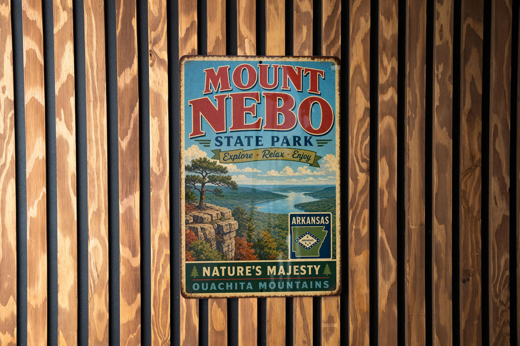 A vintage metal sign for Mount Nebo State Park in Arkansas, featuring a scenic landscape with a mountain, river, and trees.