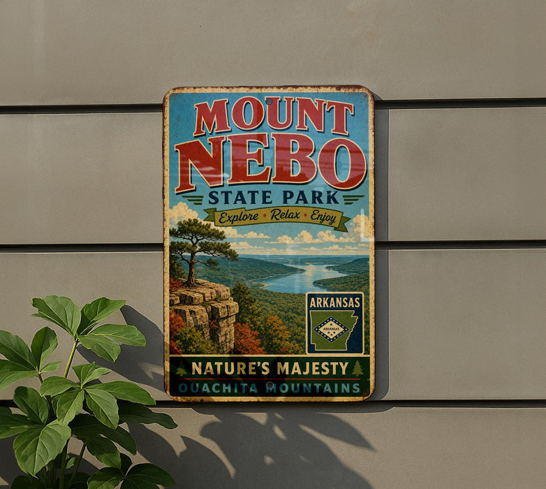 A vintage metal sign advertising Mount Neobo State Park in Arkansas, featuring a scenic landscape with a river and mountains.