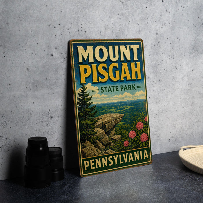 A vintage metal sign for Mount Pisgah State Park in Pennsylvania, featuring a scenic landscape with a cliff and flowers.