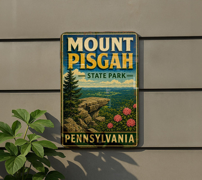Mount Pisgah State Park sign on a wall, with a plant to the left.