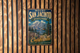 A vintage metal sign for Mount San Jacinto State Park, featuring a scenic mountain landscape with a ski lift and the text "California Adventure Scenery Elevation".