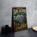 A vintage metal sign for Mount San Jacinto State Park, featuring a scenic mountain landscape with a ski lift and the text "California Adventure + Scenery + Elevation".