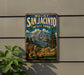 A vintage metal sign for Mount San Jacinto State Park in California, featuring a scenic mountain landscape with a ski lift.