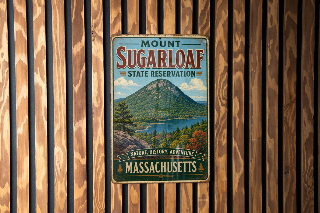 A vintage metal sign for Mount Sugarloaf State Reserve in Massachusetts, featuring a scenic mountain landscape with a lake and pine trees.