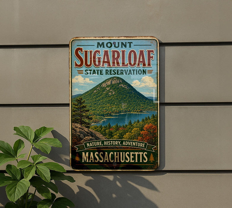 A vintage-style metal sign for Mount Sugarloaf State Reserve in Massachusetts, featuring a scenic mountain landscape with a lake and pine trees.