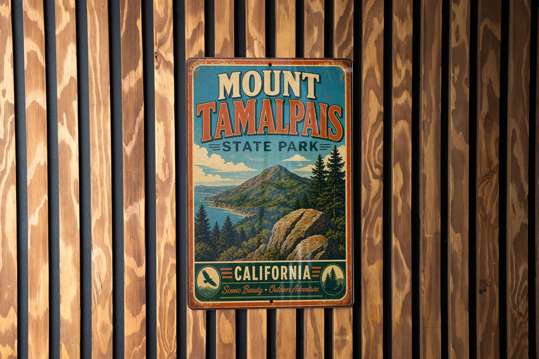 A vintage metal sign for Mount Tamalpais State Park in California, featuring a scenic mountain landscape and pine trees.