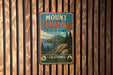 A vintage metal sign for Mount Tamalpais State Park in California, featuring a scenic mountain landscape and pine trees.