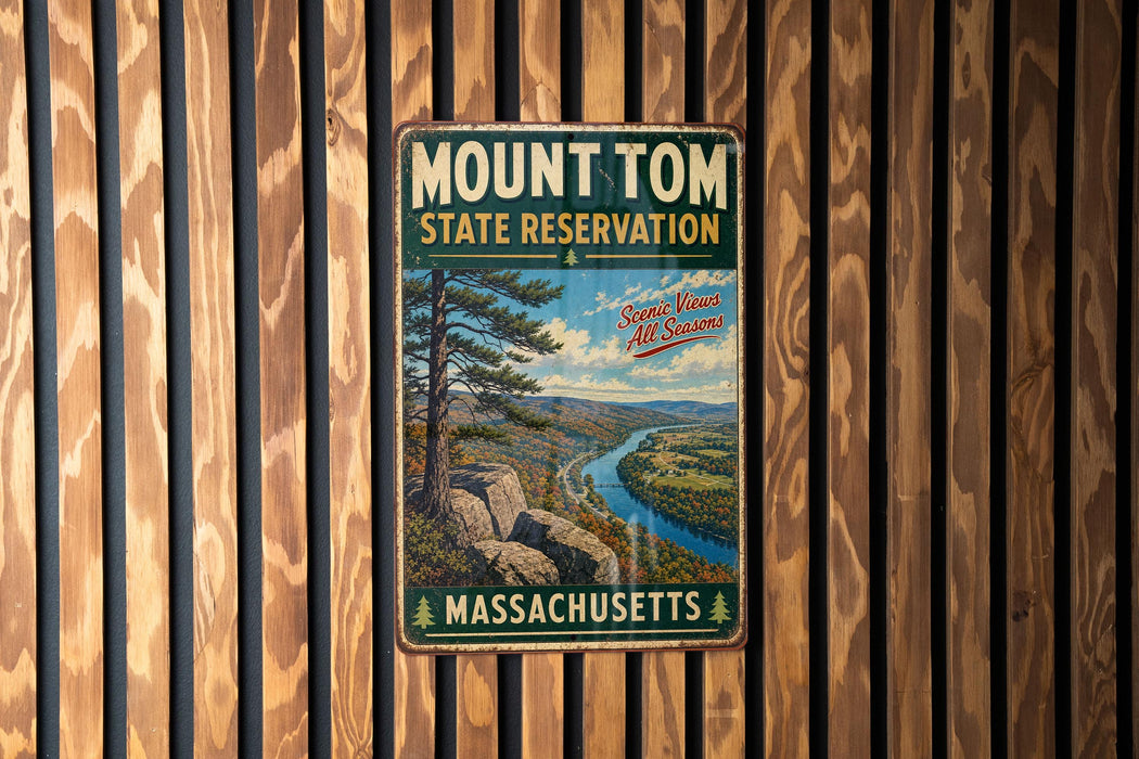 A vintage metal sign for Mount Tom State Reserve in Massachusetts, featuring a scenic landscape with a river and mountains.