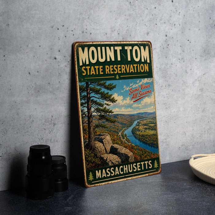 A vintage metal sign for Mount Tom State Reserve in Massachusetts, featuring a scenic landscape with a river and mountains.