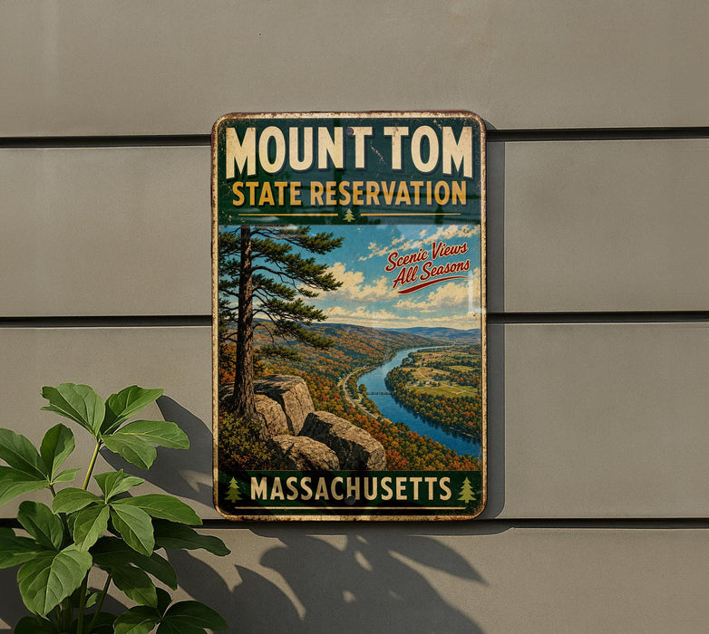 A vintage metal sign for Mount Tom State Reserve in Massachusetts, featuring a scenic landscape with a river and mountains.