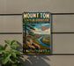 A vintage metal sign for Mount Tom State Reserve in Massachusetts, featuring a scenic landscape with a river and mountains.