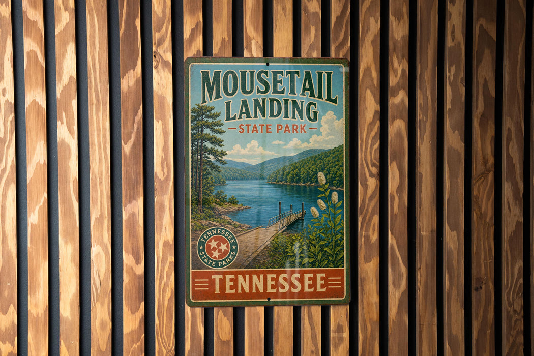A vintage-style metal sign for Mouselail Landing State Park in Tennessee, featuring a scenic image of a lake and mountains.