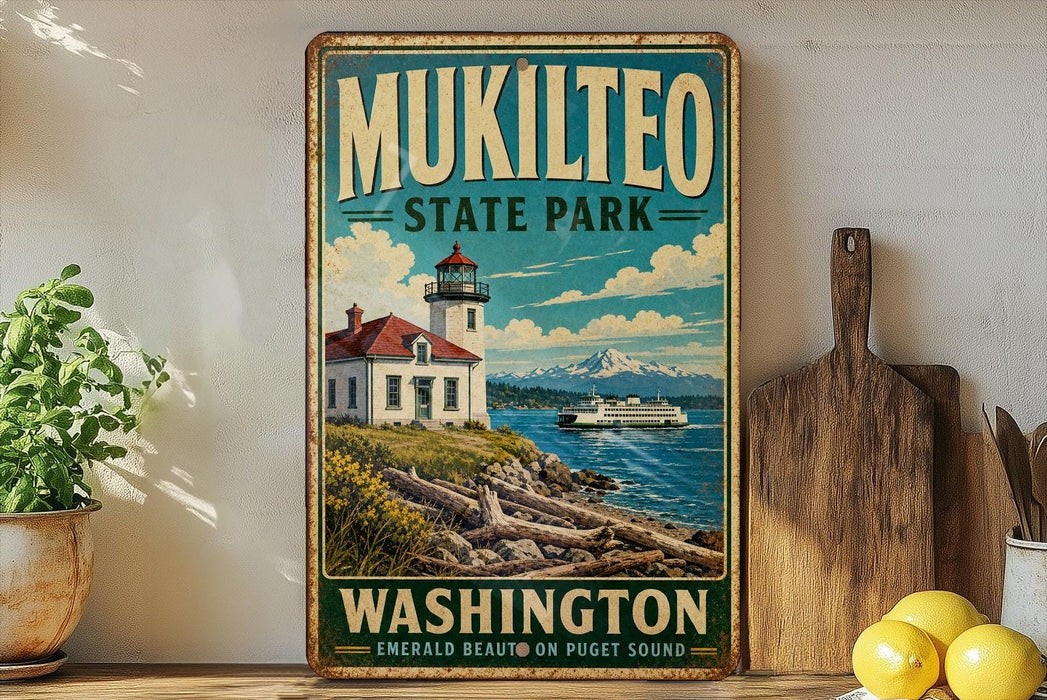 A vintage-style metal sign for Mukilteo State Park in Washington, featuring a lighthouse and a mountain backdrop.