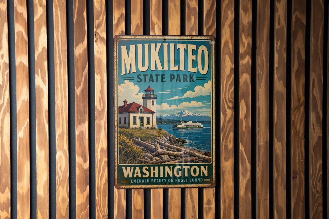 A vintage metal sign for Mukilteo State Park in Washington, featuring a lighthouse and a boat on the water.