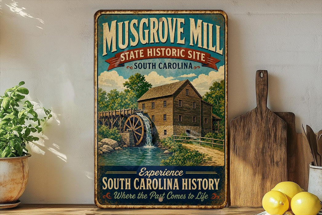 A vintage-style metal sign for Musgrove Mill, a historic site in South Carolina, featuring a wooden mill with a waterfall and a bridge.