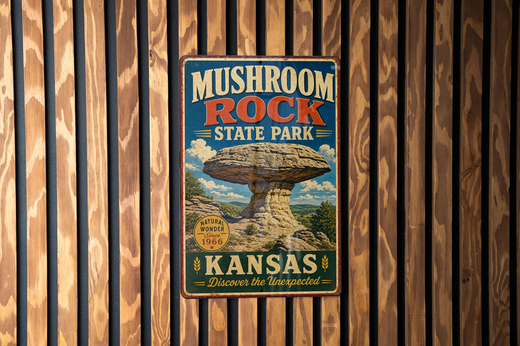 A vintage metal sign for Mushroom Rock State Park in Kansas, featuring a large mushroom formation and the text "Mushroom Rock State Park Kansas Discover the Un expected".