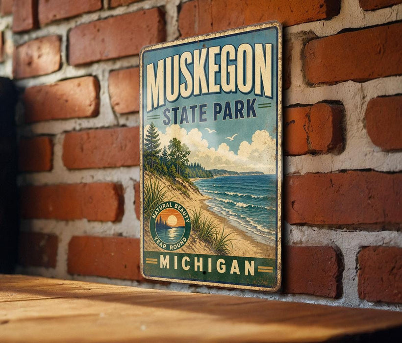 A vintage metal sign for Muskegon State Park, featuring a scenic landscape with a beach, mountains, and a lake, mounted on a brick wall.