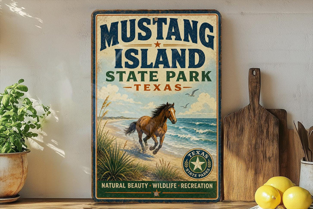 A vintage-style sign for Mustang Island State Park in Texas, featuring a horse running on a beach with a palm tree in the background.