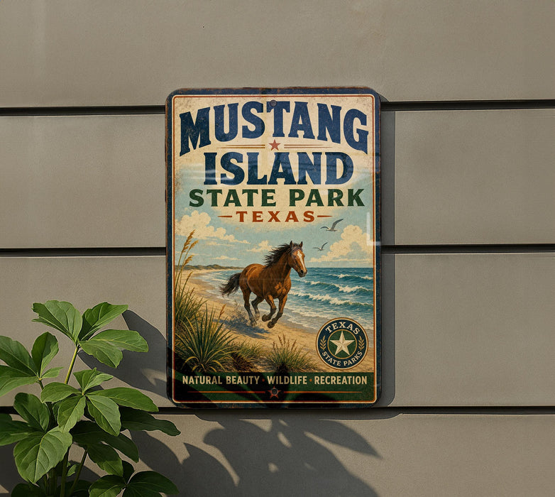 A vintage-style metal sign for Mustang Island State Park in Texas, featuring a horse running on a beach with a blue sky and ocean in the background.