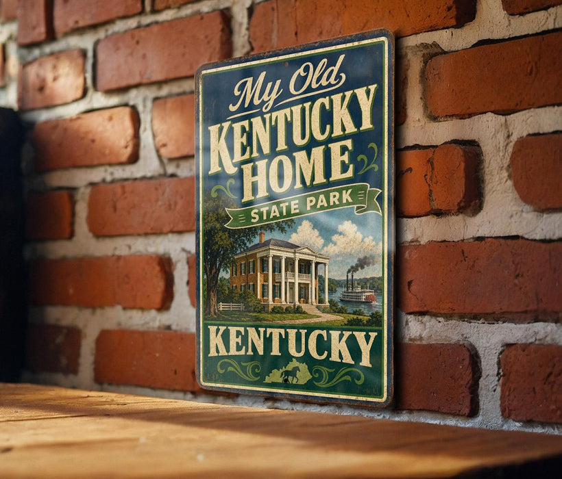 A vintage-style sign for Kentucky State Park hangs on a brick wall, featuring an illustration of a stately building and a river.