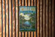 A vintage-style metal sign for Myakka River State Park in Florida, featuring a scenic illustration of the river, palm trees, and a bird.