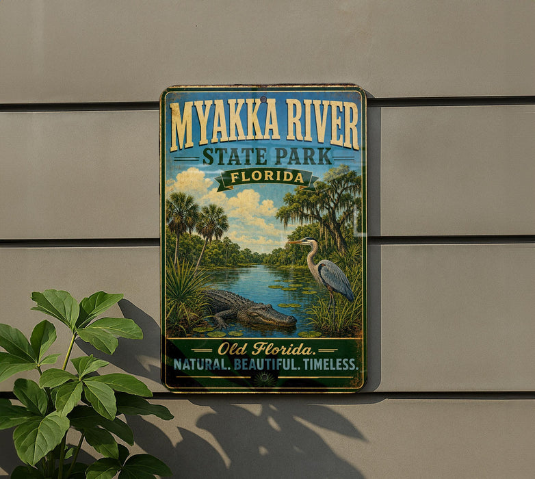 A vintage-style sign for the Myakka River State Park in Florida, featuring a lush tropical landscape with a large alligator and a bird.
