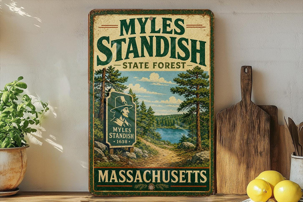 A vintage-style sign for Myles Standish State Forest in Massachusetts, featuring a scenic landscape with pine trees, a lake, and a path leading through the forest.