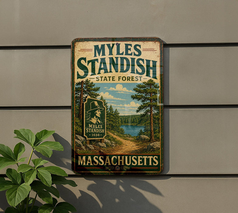 A vintage-style metal sign for Myles Standish State Forest in Massachusetts, featuring a scenic landscape with pine trees and a lake.