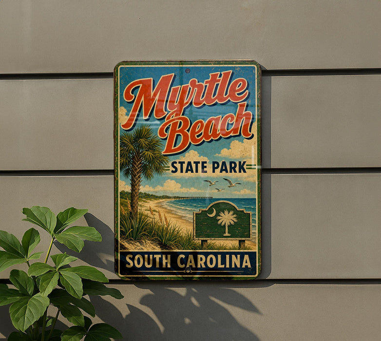 A vintage-style sign for Myrtle Beach State Park in South Carolina, featuring a palm tree and beach scene.