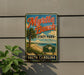 A vintage-style sign for Myrtle Beach State Park in South Carolina, featuring a palm tree and beach scene.