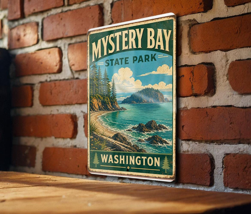 A vintage-style metal sign for Mystery Bay State Park in Washington, featuring a scenic landscape with a beach, mountains, and a body of water.