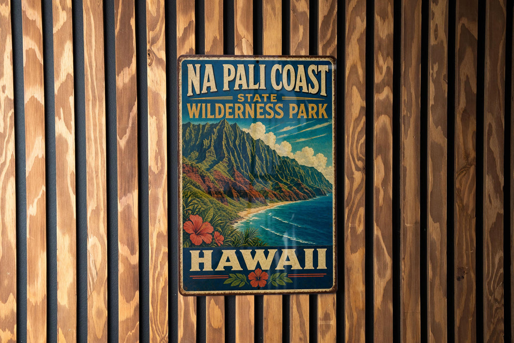 A vintage-style metal sign for Na Pali Coast State Wilderness Park in Hawaii, featuring a mountainous landscape with a beach and ocean.
