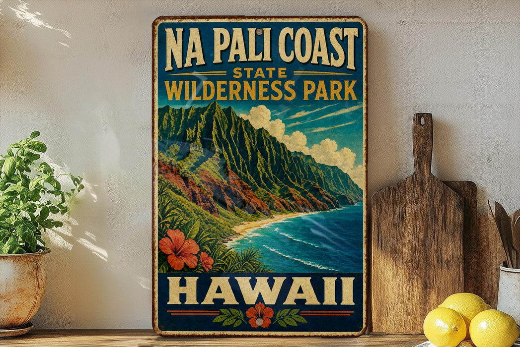 A vintage-style metal sign for the Na Pali Coast State Wilderness Park in Hawaii, featuring a mountainous landscape with a beach and ocean.