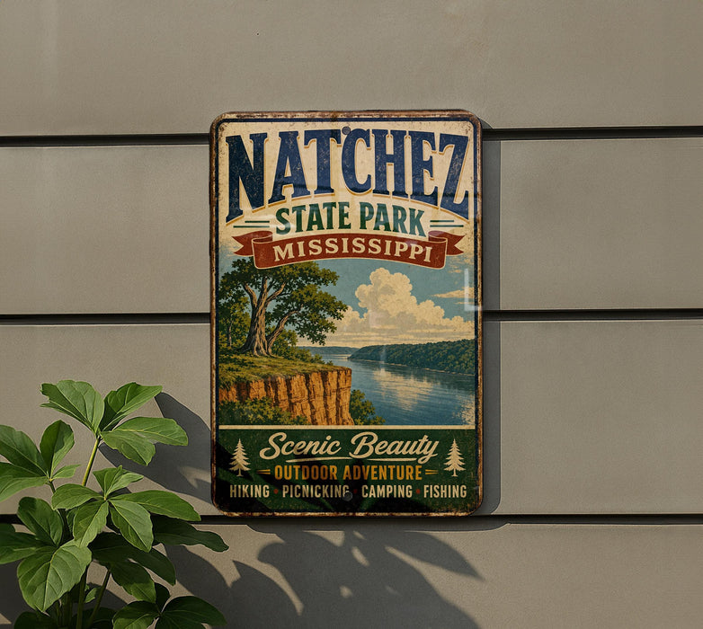 A vintage-style sign for Natchez State Park, Mississippi, featuring a scenic landscape with a river, cliffs, and trees.