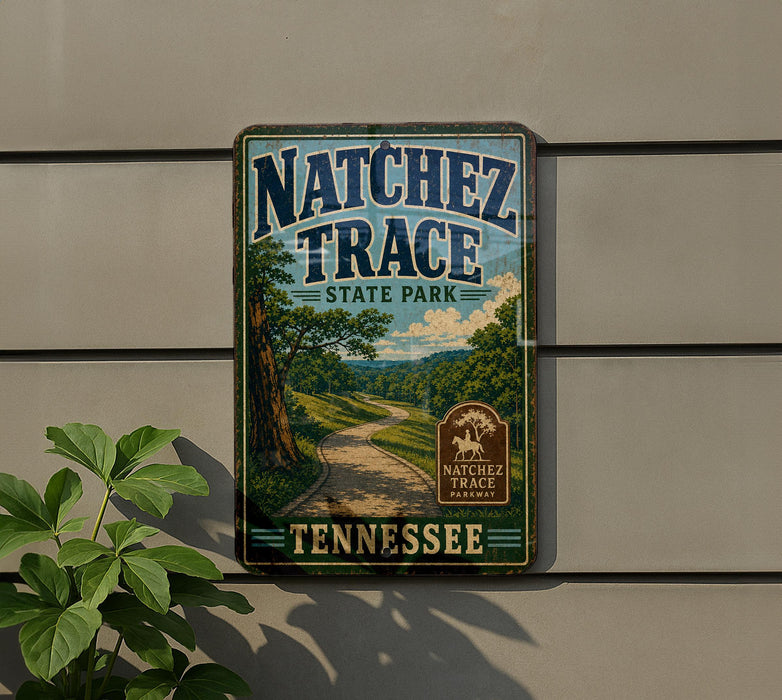 A vintage-style sign for Natchez Trace State Park in Tennessee, featuring a scenic landscape with a winding road and lush greenery.