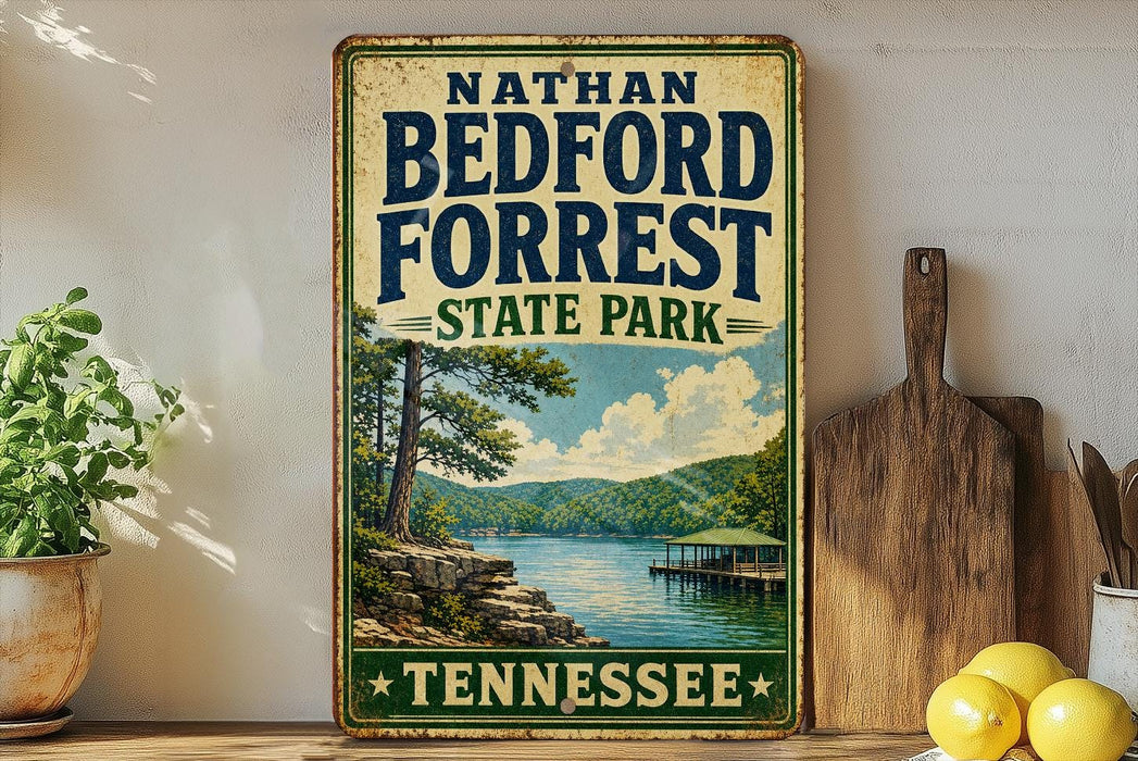 A vintage-style sign for Nathan Bedford Forrest State Park in Tennessee, featuring a scenic landscape with a lake and mountains.