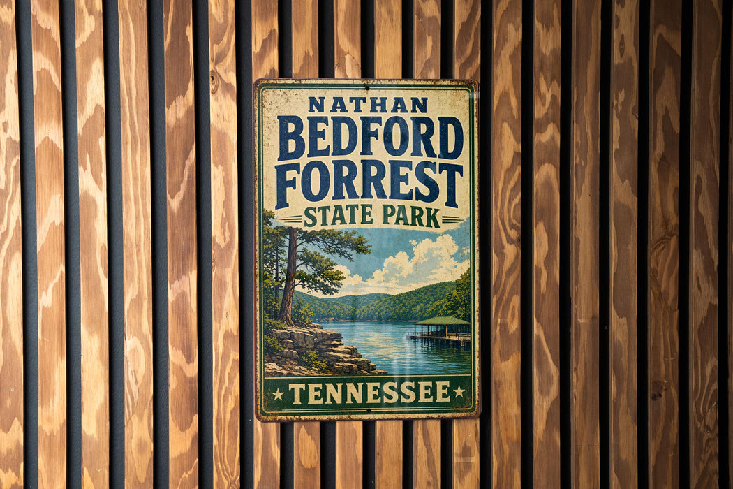 A vintage metal sign for Nathan Bedford Forrest State Park in Tennessee, featuring a scenic landscape with a lake and mountains.