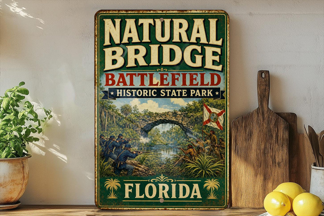 A vintage-style sign for Natural Bridge Battlefield Historic State Park in Florida, featuring an illustration of soldiers and a bridge.