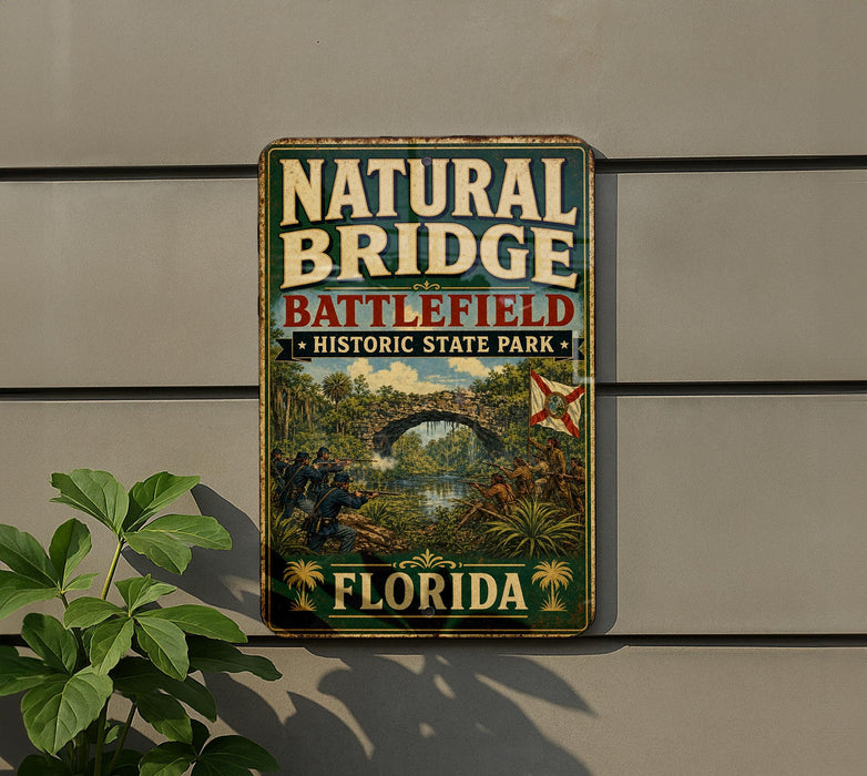 A vintage metal sign for Natural Bridge Battlefield Historic State Park in Florida, featuring a scenic illustration of the park and its surroundings.