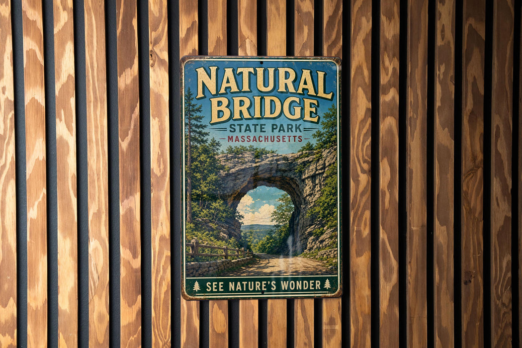 A vintage-style metal sign for "Natural Bridge State Park, Massachusetts" is displayed on a wooden wall.