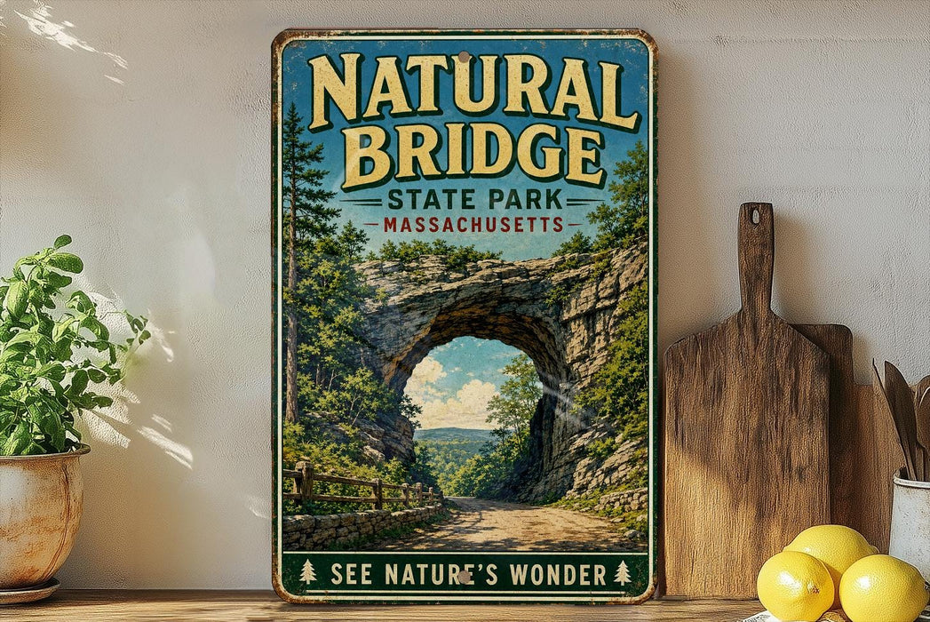 A vintage-style metal sign for "Natural Bridge State Park, Massachusetts" featuring a scenic image of a stone arch surrounded by trees and a winding road.