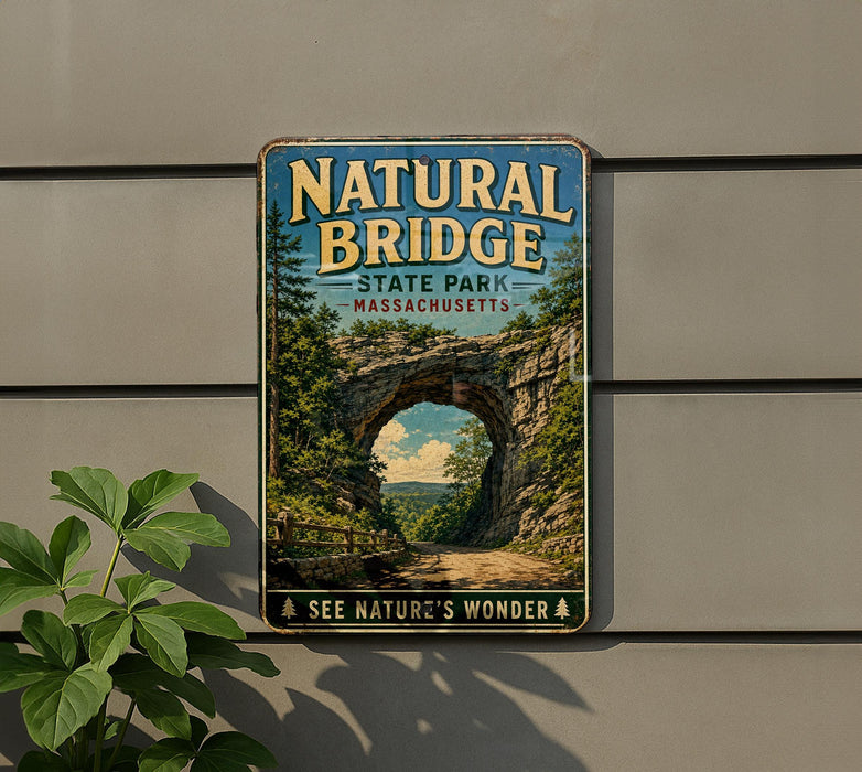 A vintage-style metal sign for the Natural Bridge State Park in Massachusetts, featuring a scenic image of the arch and a path leading through the landscape.