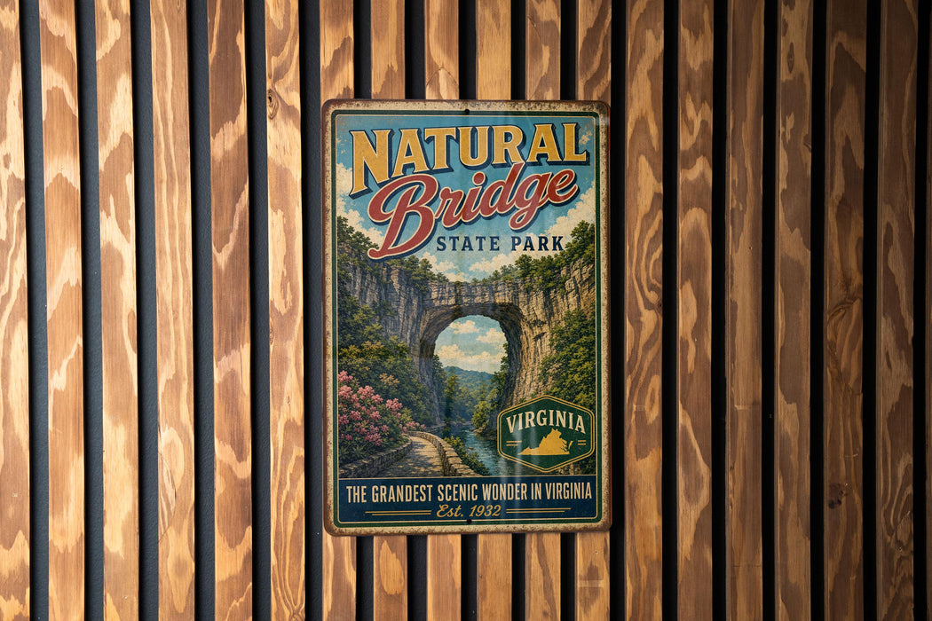 A vintage-style metal sign for Natural Bridge State Park in Virginia, featuring a scenic image of the bridge and surrounding landscape.