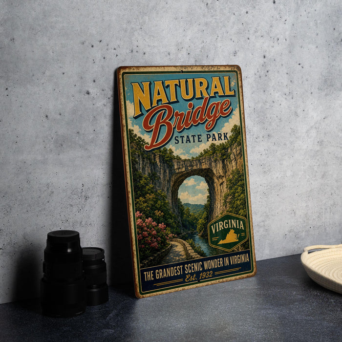 A vintage-style metal sign for Natural Bridge State Park in Virginia, featuring a scenic illustration of the bridge surrounded by lush greenery.
