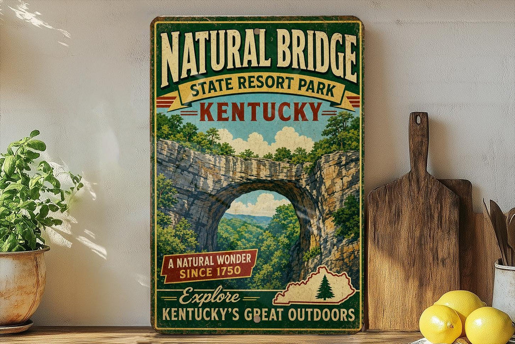 A vintage-style sign for Natural Bridge State Resort Park in Kentucky, featuring a scenic image of the arch and the surrounding landscape.