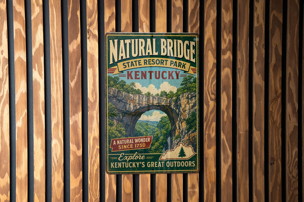 A vintage-style metal sign for Natural Bridge State Resort Park in Kentucky, featuring a scenic illustration of the natural wonder.